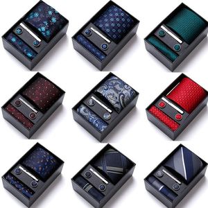 Presentförpackning Anpassade Personliga Mens Slips Hankie Manschettknappar Stetsar Neckwear Paisley Cravats Striped Slips för Män Bröllopsfest 146x7.5cm