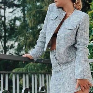 Stickad Tweed Plaid Vintage Dress Set Passar Elegant Office Ladies Outfits Two Piece Matching Winter 210427