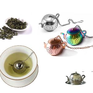 Metal Tea strainer Teapot Shape Loose Infuser Stainless Steel Leaf Maker Chain Drip Tray Herbal Spice Filter RRF11441