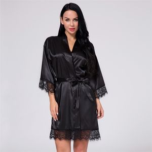 Sexy dama de honra curta cetim veste laço lace kimono mulheres casamento sleepwear verão fêmea feminino roupão lingerie roupas home femme 210518