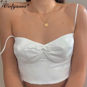 Colysmo White Crop Top Kobiety Bow Chest Ruched Gorset Topy Spaghetti Paski Fit Bodyit Party Club Wakacje Casual Combars 210527