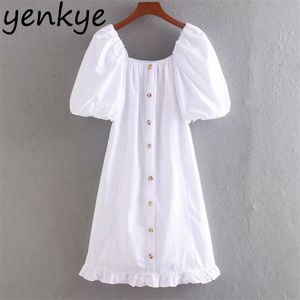 Summer Women Square Neck Puff Sleeve Elegant Female Hem Ruffle A-line White Dress Plus Size vestido CCWM9707 210514