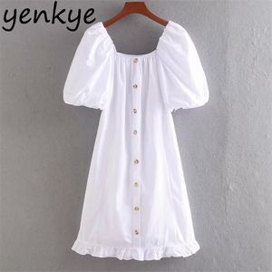 Summer Women Square Neck Rękaw Puff Elegancka Kobieta Hem Wzburzyć A-Line White Dress Plus Size Vestido CCWM9707 210514