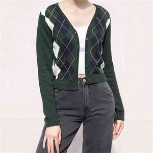 Women V Neck Collar Button Up Closure Argyle Print Knit Sweater Preppy Style Cardigan 210512
