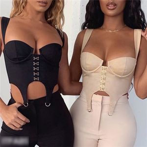 Kadın Büstiyer Seksi Bayanlar Kırpma Clubwear Tops Düşük Kesim Kaşkorse Tankı Yelek Düğmeler Bandaj Kravat Kolsuz Bodycon Korseler 210522