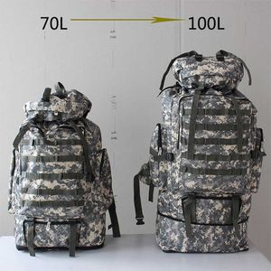 バックパッキングパック100Lカモフラージ戦術的な軍事バックパック防水防止耐抵抗性ナイロンクライミングキャンプ旅行P230511