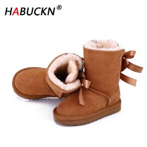 HABUCKN High Quality Children winter snow boots genuine leather boots mid-calf Lace up bow-knot boots Boy and girl dusk shoes G1210