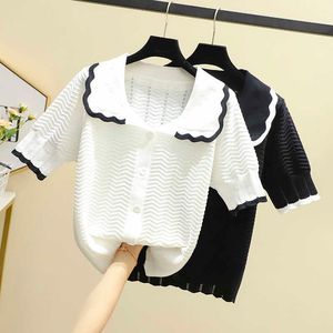 Fashion Knitted Cardigan Loose Pocket Hollow short Sleeve Women Sweater Female Cardigans Women's Coats Sweaters Outerwear 210604