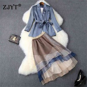 Elegant Lady Spring Autumn Fashion Women Notched Lace Up Blazer Dress Suit Midi Ruffled Organza Skirt Set Office Party Outfits 210722