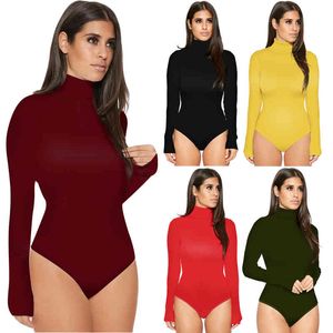 Outono Casual Turtleneck Fina Mulheres Skinny Bodysuit Manga Longa Top Office Senhora Elástica Elegante Elegante Macacões Sólidos Cintura alta 210507