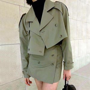 Women's Trench Coats Women Notched Collar Buckle Sleeve Crop Coat And Breasted Button Tailored Mini Skirt Set Double Pea