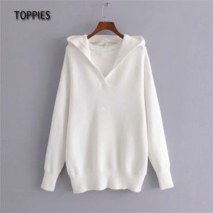 Spring Autumn Woman Knitted Hoodies White Sweatshirts Loose Pullovers Female Jumpers 210421