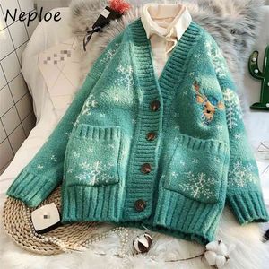 Sweet Fresh Snowflake Deer Wzór Sweter Kobiety Miękkie Proste Femme Dzianiny Karcionka Chic Szycia Kurtka Kieszonkowa 210422