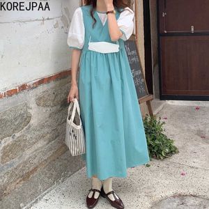 Korejpaaの女性は夏の韓国のシックな女性を設定甘いラウンドネックパフスリーブシャツプリーツハイウエストベストvestidos 210526
