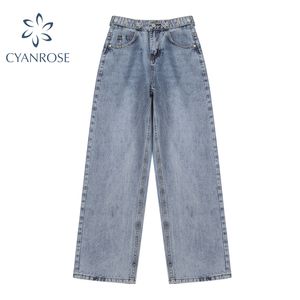 Ljusblå denim byxor vintage brett ben jeans kvinnor koreanska raka långa byxor hög midja casual lös med bältesfjäder 210417