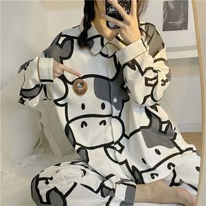 QWEEK Cow Print Piżamy Dwuczęściowe Zestaw Jesień Pijamas Kobiety Bawełna Cute Home Ubrania Piżamy Piżamy Sleepwear Japoński Styl Kawaii 211211