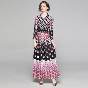 Runway Designer Spring Holiday Maxi Dress Women's Turn Down Collar Floral Print Elegant Pleated SlimLong Shirt Dress 210514