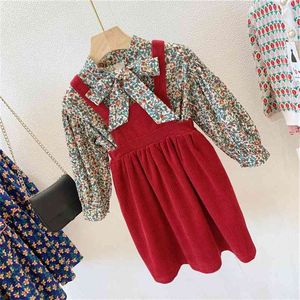 Conjuntos de roupas de meninas outono Girls terno floral lace-up blusa e lindo saia de veste 20 moda princesa crianças roupas 210625