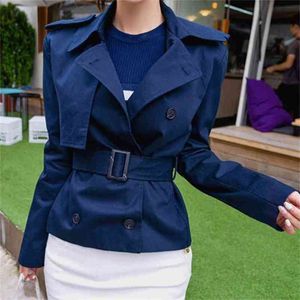 Runway Designer Women Turn down collar short Trench Coat spring OL Double-Breasted Long Sleeve Casual with Belt coat 210519