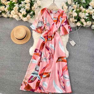 Fashion Ladies Spring Summer Dress V Neck High Waist Print Temperament Flare Sleeve Women's 210520