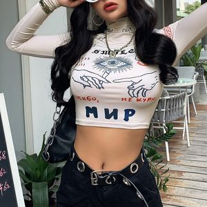 Höst Fashion High Street Casual Tight Stretch Slim Crop Tops Kvinnor Rolig Print Full Sleeve Stretch Slim Tee Shirt Mujer 210518