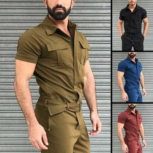 Nya bomullsblandningar Jumpsuit Mens Overaller Casual Notched Kortärmad Rompers Solid Färg Övergripande Zipper Romper Fickbyxor X0621