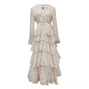 Aprikosen-Chiffonkleid mit Polka Dots und V-Ausschnitt, langärmelig, kaskadierende Rüschen, Kuchenfee, elegant, Frühling und Herbst, D2229 210514