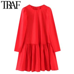 TRAF Women Chic Fashion Pleated Hem Red Mini Dress Vintage O Neck Puff Sleeve Female Dresses Vestidos Mujer 210415