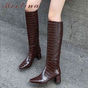 Kvadrat Toe Knee High Boots Heel Women Chunky Shoes Zipper Ladies Long Autumn Beige Stor storlek 40 210517