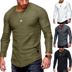 Katı Renk Pileli Gömlek Yama Uzun Kollu Bluz T-shirt Erkekler Bahar Rahat Kazaklar Moda Ince Temel Erkek T-Shirt Tops