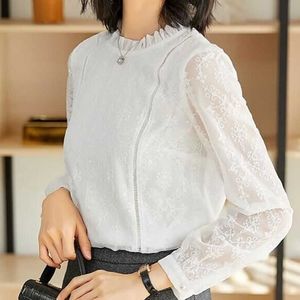 Kadın Bahar Sonbahar Stil Dantel Bluzlar Gömlek Lady Rahat Uzun Kollu O-Boyun Katı Renk Şifon Blusas Tops DF398 210609