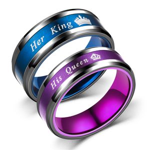 Kontrast renk kral kraliçe taç halka bant paslanmaz çelik çift yüzük kadın erkekler nişan düğün moda mücevher hediyesi ve kumlu