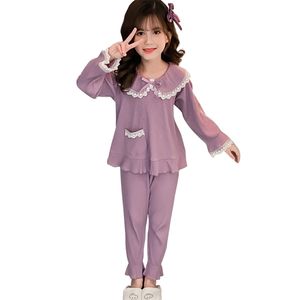 Dziewczyna Piżama Zestaw Koronki Kwiat Zestawy Kids Soft Cotton T-shirt + Spodnie S Odzież Sleepwear Pajamas 210527