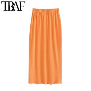 トラフ女性シックなファッションオレンジ色のニットペンシルスカートビンテージハイエラスティックウエストオフィスウェアメススカートMujer 210415