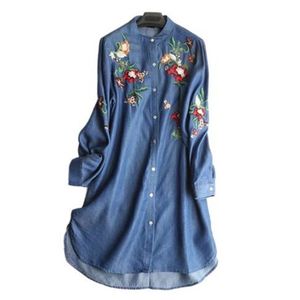 Rahat Renkli Çiçek Nakış Denim Elbiseler Kadınlar Uzun Kollu Vintage Etnik Kot Gömlek Vestidos Robe Femme 210429