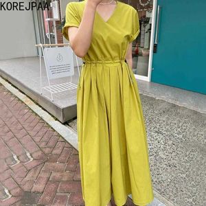 Korejpaa Kobiety Sukienka Lato Koreańskie Chic Damska Elegancka Temperament V-Neck Sznurek Plisowany Projekt Rękaw Puflowy Vestidos 210526