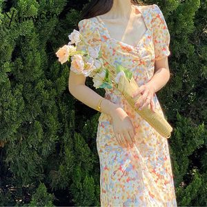 Yitimuceng Floral Print Dresses for Women Summer Korean Fashion Boho Midi Dress Short Puff Sleeve Orange Purple Sundress 210601