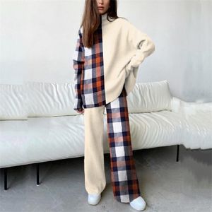 Fashion Women Casual Warm Knitted Turtleneck Pullover Top + Wide Leg Pants Outfits Autumn Winter Two Piece Sets Female Home Suit 220315