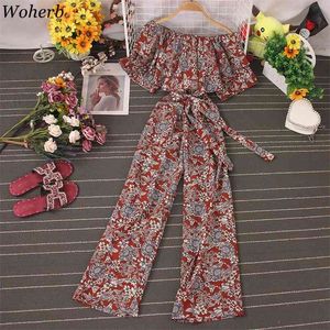 Sommer Vintage Wide Leg Jumpsuit Frauen Sexy Off Shoulder Rüschen Playsuit Casual Slim Floral Print Bodysuit Overalls 210519