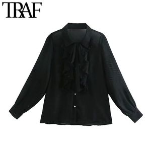 Women Fashion Pleated Ruffle Trims Black Blouses Vintage Long Sleeve Button-up Female Shirts Blusas Chic Tops 210507