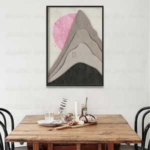 Картины розовые солнце стены искусства, серый горный плакат, ландшафтный минималистский, абстрактный коллаж, современные произведения искусства, скандинавский стиль, LEICOR