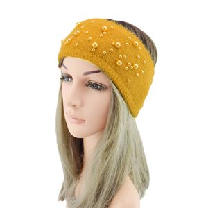 Knitted Pearls Headband Soft Crochet Elastic Hair Band Solid Color Winter Ears Warmer Wide Turban Warmer Hair Accessories