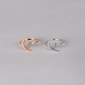 Cluster Rings Vintage 925 Sterling Silver Moon And Star Ring Rose Gold Color Inlaid Zircon Open Adjustable Size Women Trendy Jewelry