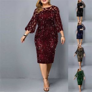 Plus Size Clothing For Women Midi Chubby Fat Dress Mesh Elegant Sequins Wedding Cocktail Party Summer O-Neck 4XL 5XL 6XL 220210