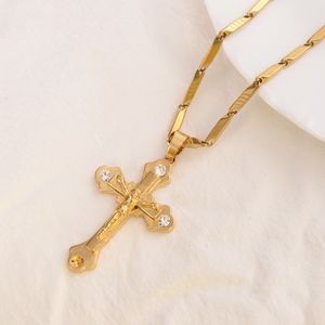 Thai baht g / f Gold Cross Pendant CZ 9 k Solid Fine Yellow Charms Lines Halsband Christian Smycken Factory GUD