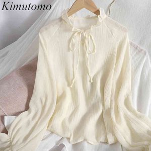 Kimutomo Solid Bow Lace-up Blus Kvinnor Fungus Stand Collar Långärmad Skjorta Vår Koreanska Chic Mode Eleganta Toppar 210521