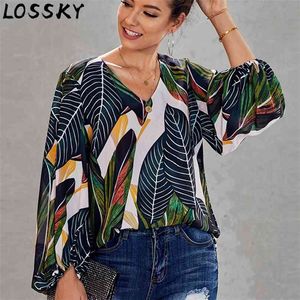 Women Autumn Fall Loose Blouse Shirt Floral Leaf Print V Neck Puff Long Sleeve Casual Baggy Shirts Blouses Plus Size Tops 210507