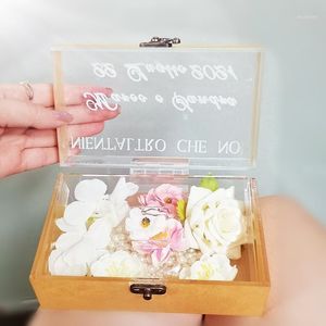 Embrulho de presente 1 PCs personalizáveis ​​noivado de casamento personalizado Caixa de anel de vidro dourado de vidro de vidro personalizado nomes gravados Data