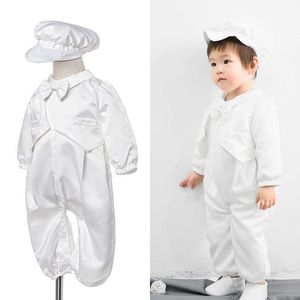 Baby Junge Taufe Strampler geboren Taufe Weißer Overall mit Hut Kleinkind 1. Geburtstag Party Wear Outfits Boutique Kleidung 210615