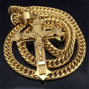 Gold tone Cross Christ Jesus Pendant Necklace Stainless Steel Link rolo Chain Heavy Men Jewelry Gift 21.65" 7mm 210721
